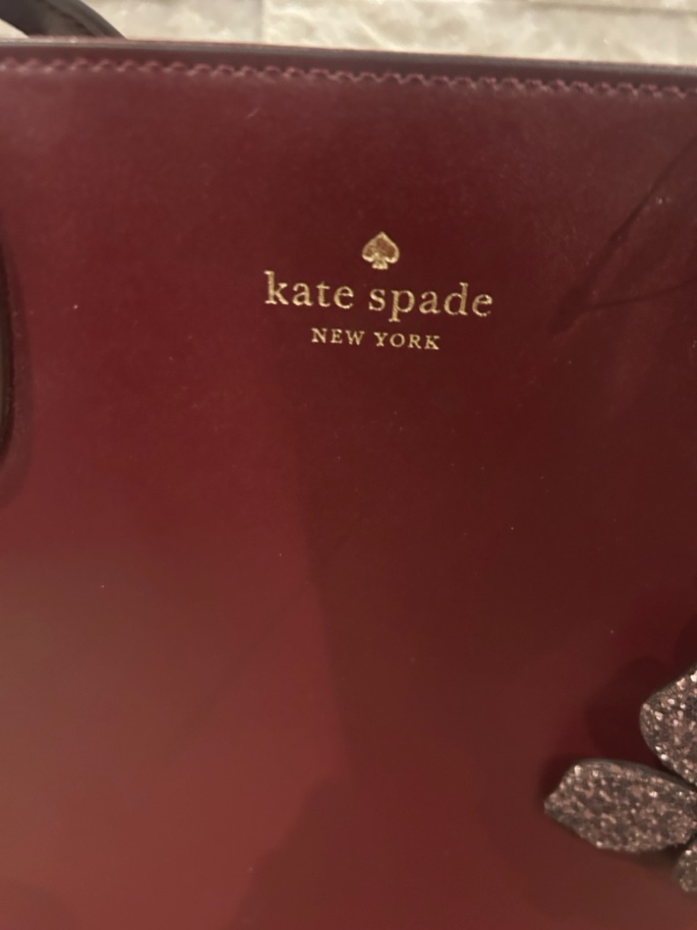 kate spade Burgundy Leather Tote with Floral Charm - Picture 3 of 9